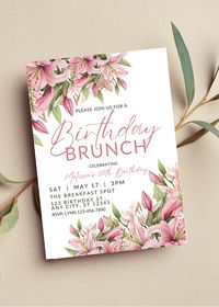 Editable birthday brunch invitation perfect for your next birthday party or birthday get together. This pink floral invitation can be edited yourself using Canva. If you choose to print yourself the print size is 5x7 and can be printed on cardstock invitation paper. You can also have the completed file taken to your local print shop and have them print. Can also be saved as an image to use as a text invitation or email invitation. All the wording is editable. Details: birthday brunch invitation with pink tiger lily floral design. Use to celebrate all the great milestone birthdays such as  21st birthday, 30th birthday, 40th birthday, 50th birthday, 60th birthday and so on! Can easily be edited to say baby brunch, bridal brunch, and more! HOW IT WORKS: ♥ Once purchased, you will receive a li