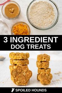 3 Ingredient Dog Treats made with oatmeal, sweet potato, and peanut butter. Get the easy recipe and find out how to make the best dog treats with 3 ingredients. These crunchy homemade dog treats are less expensive than store-bought and have simple healthy ingredients with no preservatives. #dogtreats #homemadedogtreats #diydogtreats