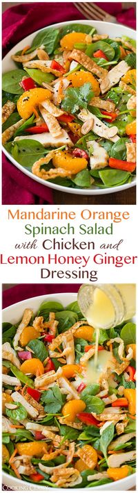 This Mandarin Orange Salad is a must try recipe! It's layered with tender spinach, protein-rich chicken, colorful Asian veggies, sweet mandarin oranges, crisp sliced almonds and deliciously seasoned wonton strips. #spinachsalad #salad #saladrecipe #mandarinoranges #cookingclassy