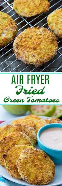 Air Fryer Fried Green Tomatoes are so crispy and you need almost no oil. #southernfood #greentomatoes #airfryer