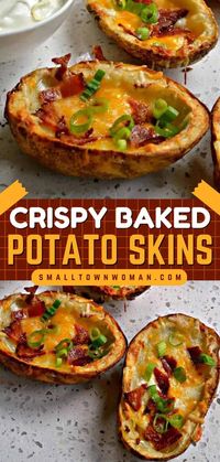 This baked potato skins recipe will become one of your go-to football food! Loaded with cheese, bacon, and green onions, these crispy homemade potato skins are an easy game day appetizer everyone will love at your Super Bowl party!