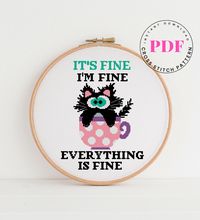 It's fine I'm fine everything is fine funny cross stitch pattern animal cross stitch pattern . Quote cross stitch pattern , cat cross stitch pattern , funny cross stitch , quote cross stitch , easy counted cross stitch chart, xstitch, punto croce, embroidery, point de croix, Sticken im Kreuzstich. Original cross stitch pattern designs . Instant Download PDF . 十字繡 , 十字绣 , クロスステッチ. Fabric: Aida 14, White 137w X 119h Stitches Size: 14 Count, 9.44 w inches (24.86cm) X 8.26 h inches (21.59cm) Number of colors: 14 DMC This PDF pattern Includes: - Color pattern fit on one page for comfort use from tablet - Black and white symbol pattern divided into pieces - Color and symbol pattern divided into pieces for printing - List of DMC colors you will need Real color of DMC can look slightly different f