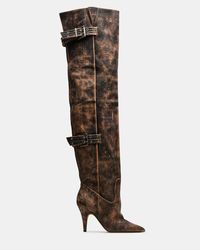 BADDIE Brown Distressed Over-The-Knee Moto Boot | Women's Boots