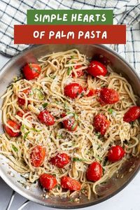 Easy Hearts of Palm Pasta is made with hearts of palm noodles, instead of traditional pasta. A grain-free, low-carb and keto-approved recipe that is super easy to make with minimal ingredients. Make this healthy vegetarian (or vegan) recipe in less than 20 minutes! For this recipe, you will only need palm pasta, olive oil, garlic, cherry tomatoes, and an optional sprinkle of grated Parmesan and fresh basil. Palm pasta is a lower-carb, gluten-free, veggie alternative to traditional noodles.