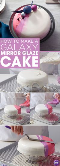 How to Make a Galaxy Mirror Glaze Cake - A sweet and shiny glaze tops this Galaxy-Inspired Mirror Glaze Cake, giving it a glossy finish that’s out of this world! Great for birthdays, showers or just because, this mirror glaze cake features glazes in three colors and is topped with edible accents that help give this cake movement and dimension. Use the Contour Pan to create a cake with round smooth edges, perfect for glazing.