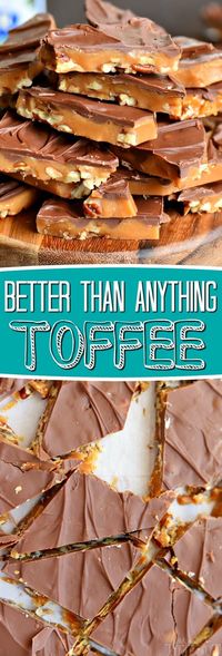 The best toffee recipe EVER! Sweet milk chocolate, crunchy pecans, and rich, buttery toffee - what's not to love? This Better Than Anything Toffee is easy to make and makes the perfect treat OR gift year-round! // Mom On Timeout #candy #recipe #toffee #chocolate #Christmas #pecans #nuts