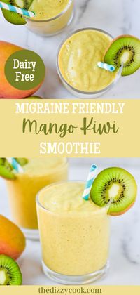 This migraine friendly mango kiwi smoothie is creamy and refreshing! This refreshing smoothie is the perfect breakfast or poolside drink! Made with mangoes and kiwi, you can enjoy it year round with frozen fruit. This combination of sweet mango is highlighted by the tart nature of the kiwi and the end result is a refreshing smoothie with tropical flavors.