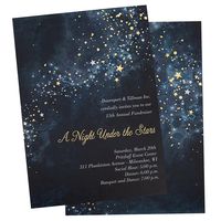 This Sparkle Stars Invitation features a beautiful little piece of the cosmos! The dark blue invite comes with silver and gold foil and printed stars on both sides. Customize the front the invite with your choice of text to convey the date, time, and place of your next special event. It's a smart and elegant choice for a corporate holiday party, New Year's Eve celebration, awards banquet, birthday, anniversary, and much more.  Size is 5" x 7" Two-sided design Has a luxurious feel and look, inclu