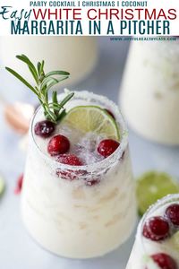 A White Christmas Margarita Pitcher Recipe that will not disappoint. This creamy coconut margarita with lime juice, tequila, coconut water and cranberries tastes like summer and looks like Christmas in a cup. It is sure to be a hit at your holiday party and guaranteed to give you the merriest of holidays! #pitcher #cocktailrecipes #holidayrecipes #christmasrecipes