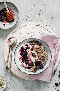 Healthy nutritious oatmeal with yogurt and fruit