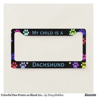 Colorful Paw Prints on Black License Plate Frame