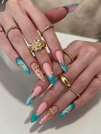 Fairy nails mermaid nails stiletto almond nails aqua teal nails gold nail accents gel x nail art gold dainty rings #nailart #nailsofinstagram #naildesign