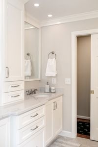 Floor to ceiling storage😍 Custom cabinets allow for clients to personalize their space to better suite their needs. #master #bathroom #ideas #custom #cabinets #organization #ashmorebuilders