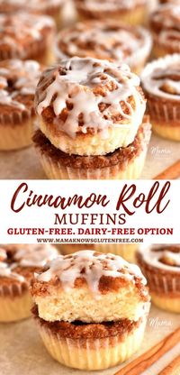 Do you miss cinnamon rolls and cinnamon buns since going gluten-free? Now you don't have to! These are not your average cinnamon roll muffins. These gluten-free cinnamon roll muffins have both the texture and the taste of a gooey cinnamon roll. Dairy-free option too. #glutenfreerecipes #cinnamonroll