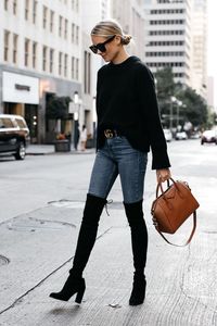 Blonde Woman Wearing Everlane Black Oversized Sweater Denim Skinny Jeans Gucci Marmont Belt Stuart Weitzman Black Over the Knee Boots Givenchy Antigona Cognac Satchel Fashion Jackson Dallas Blogger Fashion Blogger Street Style