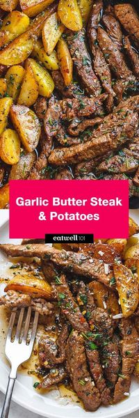 Garlic Butter Steak and Potatoes Skillet - This easy one-pan recipe is SO simple, and SO flavorful. The best steak and potatoes you'll ever have!