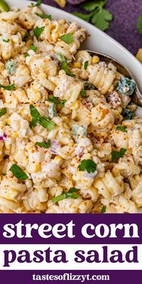 This Mexican Street Corn Pasta Salad is loaded with roasted corn, cotija and cheddar, creamy dressing and jalapeños for a kick of heat.