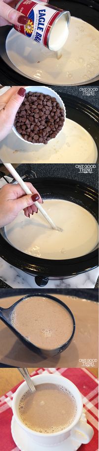 Crockpot Cocoa Ingredients 1 cup whipping cream 1 – 14 ounce can sweetened condensed milk 8 cups milk 1 teaspoon vanilla 2 cups of chocolate chips (I used milk chocolate)