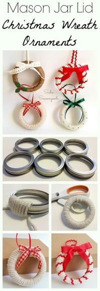 Need an easy DIY Christmas craft project for kids this year? Repurpose some mason jar lid rings / bands by creating adorable "wreath" ornaments to hang on the tree! A simple repurpose / upcycle project that would make for a sweet gift...or keep them yourself for your tree! Or even attach to a wrapped present! #SadieSeasongoods / www.sadieseasongoods.com