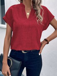 Women's Solid V-Neck Batwing Short Sleeve Casual Blouse, Summer Red Casual  Short Sleeve Woven Fabric Plain Top Non-Stretch  Women Clothing, size features are:Bust: ,Length: ,Sleeve Length: