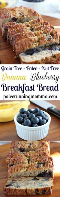 Gluten free and Paleo Banana Blueberry Breakfast Bread that's perfectly soft and moist with lots of natural sweetness! http://www.paleorunningmomma.com/banana-blueberry-breakfast-bread-paleo-nut-free/