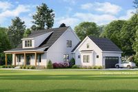 This contemporary farmhouse plan has a 2-car side-entry garage and an 8