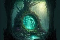 Fantasy Magical fairy-tale glowing stone portal in the forest. Round stone portal teleport in trees to other worlds. Fantastic landscape.