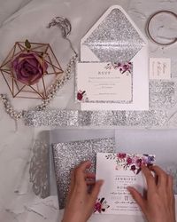 Silver and Purple floral pocket laser cut wedding invitations EWWS182