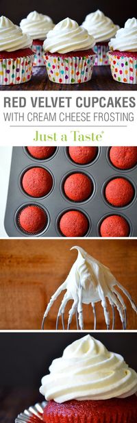 Red Velvet Cupcakes with Piped Cream Cheese Frosting #recipe on justataste.com