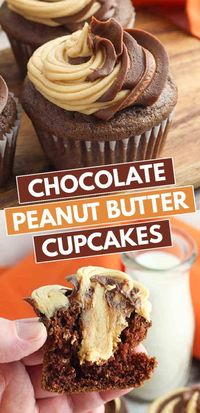 Chocolate Peanut Butter Cupcakes - These Chocolate Peanut Butter Cupcakes have a homemade chocolate cupcake that's filled with a thick, creamy peanut butter filling and topped with a swirl of chocolate peanut butter frosting. It's perfect for the fellow chocolate peanut butter lovers out there! #cookiedoughandovenmitt #cupcakes #chocolatepeanutbutter #dessertrecipes