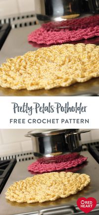 Free Pretty Petals Potholder crochet pattern using Aunt Lydia's Fashion Crochet Thread Size 3. Let's get cooking so we can show off these bright crochet pot holders in the kitchen! A delightful petal stitch texture is easily achieved using Aunt Lydia's Fashion Crochet Thread. #Yarnspirations #FreeCrochetPattern #CrochetPotholder #PetalStitch #AuntLydiasFashionCrochetThread