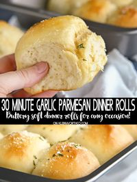 30-Minute Garlic Parmesan Dinner Rolls, the perfect bread recipe to serve with any meal. Great for holidays, so simple to make. Cheesy, garlicky goodness!