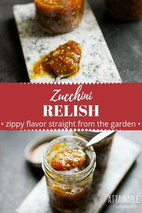 This zucchini relish recipe is sweet and somewhat tangy. It makes a great hamburger relish, but it's great for adding extra flavor to things like egg salad, deviled eggs, potato salad, and even mixed into meatloaf. Zucchini relish is a great way to preserve summer squash for the winter pantry. #canning #preservation #recipe via @Attainable Sustainable