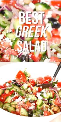 This Greek salad is brimming with flavor - loaded with delicious fresh vegetables, olives, chickpeas, and feta cheese tossed in a light and refreshing greek salad dressing. #mediterranean #salad #glutenfree #grainfree #delicious #food #lowcarb