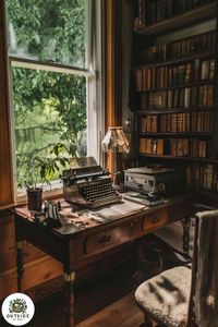 Inspire your writing with an antique desk and vintage typewriter. A nostalgic nod to writers and readers alike. Explore more she shed ideas!