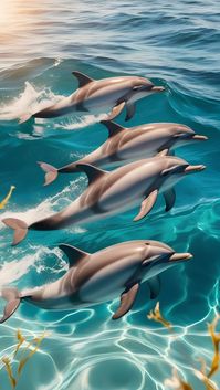 Three graceful dolphins glide through crystal-clear ocean waters, surrounded by sunlight beams filtering down, creating a peaceful and serene underwater scene for your phone wallpaper.