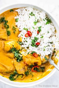 SAVE FOR LATER! Crock Pot Thai Chicken Curry is one of the easiest meals to make and is so tasty. Curry paste, coconut milk, and ginger add a ton of flavor to this healthy, low-cal, and paleo + gluten-free dinner. Your family will LOVE it! | #theendlessmeal #chicken #chickencurry #slowcooker #crockpotrecipes #chickenrecipes #paleorecipes #glutenfreerecipes #thaicurry #refinedsugarfree #curryrecipes