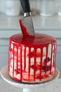 Halloween Bloody Knife Cake (Red Velvet Cake with Almond Cream Cheese Buttercream) - Baking with Blondie