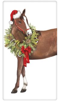 FLOUR SACK KITCHEN DISH TOWEL CHRISTMAS WREATH HORSE MARY LAKE THOMPSON #MaryLakeThompson