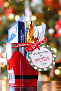 Buckets of Fun Christmas Gift Idea and Printable Tag - fill with cards, card game instructions and maybe some tiny booze bottle samples. Or popcorn and popcorn spices, etc.