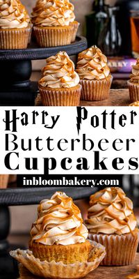 Get ready to take a trip to Hogsmeade! These butterbeer cupcakes will take you right into the wizarding world of Harry Potter. They’re soft and fluffy cupcakes flavored with a butterbeer reduction, butterscotch, vanilla and butter flavor, frosted with butterscotch buttercream and drizzled with butterscotch ganache.