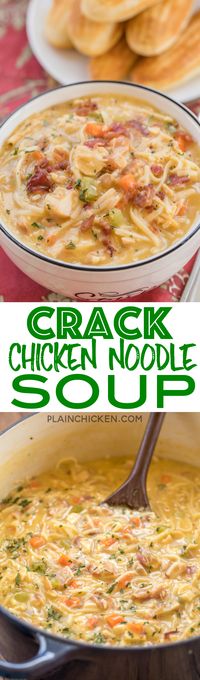 Crack Chicken Noodle Soup - this soup should come with a warning label! SO GOOD!!! Ready in 30 minutes! Chicken, cheese soup, milk, chicken broth, celery, carrots, ranch mix, bacon, cheddar cheese and egg noodles. Everyone went back for seconds - even our super picky eaters! A great kid-friendly dinner!! We love this soup! #soup #bacon #chickennoodlesoup #crackchicken