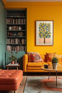 This poster features a detailed drawing of an orange citrus tree. It's colored in bright orange and yellow, and uses simple designs with lively images. It has a well-organized layout. The picture of scattered lemons adds a nice touch, and it can make any room feel warm and welcoming.