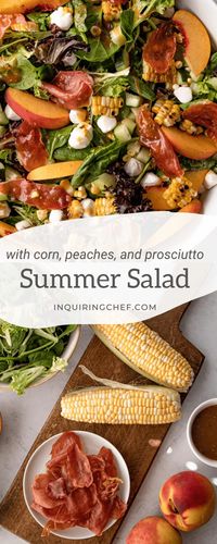 Get the most out of fresh summer produce with this Summer Salad with Peaches, Corn, and Crispy Prosciutto. Top it with homemade balsamic vinaigrette.