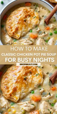 This Chicken Pot Pie Soup is a warm, hearty meal packed with chicken, potatoes, carrots, and celery in a creamy broth. Perfect for a quick dinner!