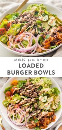 These loaded burger bowls with pickles, bacon, a quick guacamole, and a "special sauce" are so good! Whole30, paleo, and low carb, they're filling and healthy - a great alternative to the lettuce wrap burger! #glutenfree #lowcarb