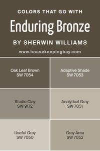 Matching colors with Enduring Bronze SW 7055 by Sherwin Williams is key in creating a cohesive and appealing space. These particular colors harmonize well with Enduring Bronze, a rich and versatile hue, because they share similar undertones or complement its depth. Such combinations are crucial for designing a room that feels carefully curated and balanced. By integrating colors like Oak Leaf Brown, Adaptive Shade, Studio Clay, Analytical Gray, Useful Gray, and Gray Area.