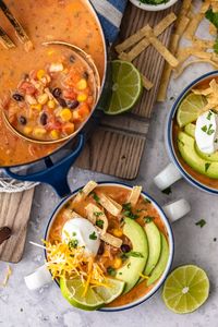 A bowl of creamy chicken tortilla soup next to a large pot of soup