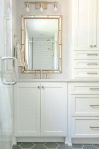 Custom cabinetry | Double sinks | Master Bath | White | Gray | Copper | Walk-in shower