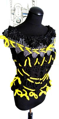 Sweater Vest Black, Hand Crocheted, Leather Crocheted Upper Part With Yellow Crocheted Cord, Boat Neckline ,unique Piece - Etsy Croatia